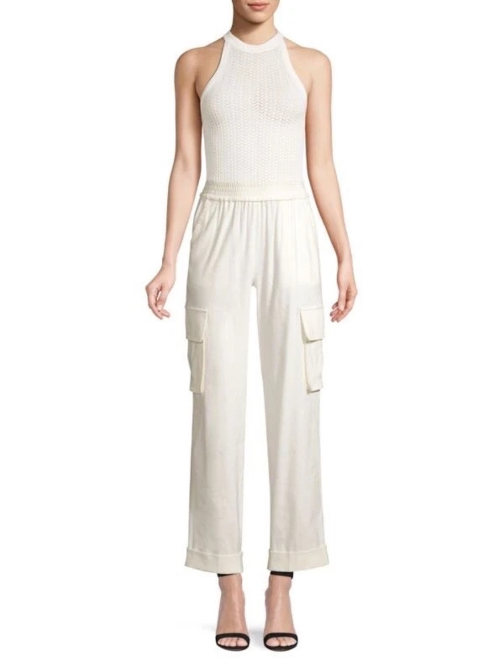Alice+Olivia “Alex” Rolled Linen Off-White Cargo Pants Large  $285 XS